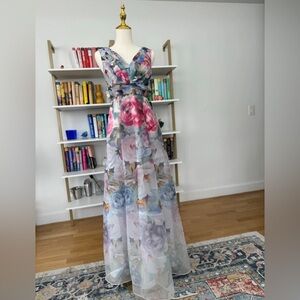 Adrianna Papell Pink/Blue/Gray Floral V Neck Sleeveless Ball Gown Size 0 BNWT!